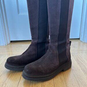 Emanuele Crasto Italian Suede Leather Chunky Sole Boots, Brown/Wine, size 8